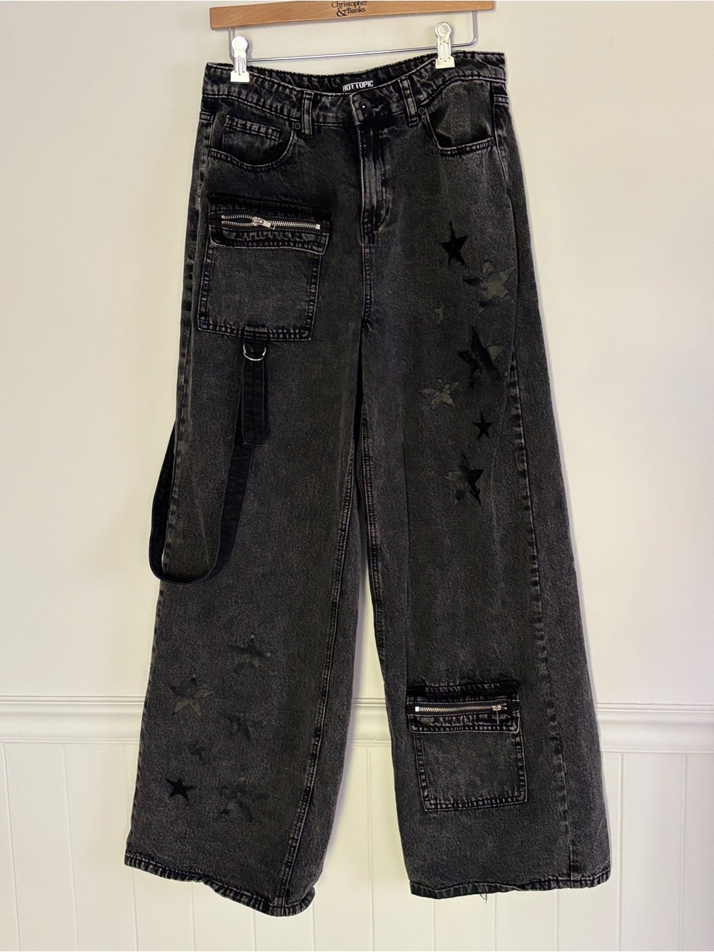 Hot Topic Black Cargo Baggy Jeans Grunge Goth Wide Leg Punk Emo Size 11 *E82